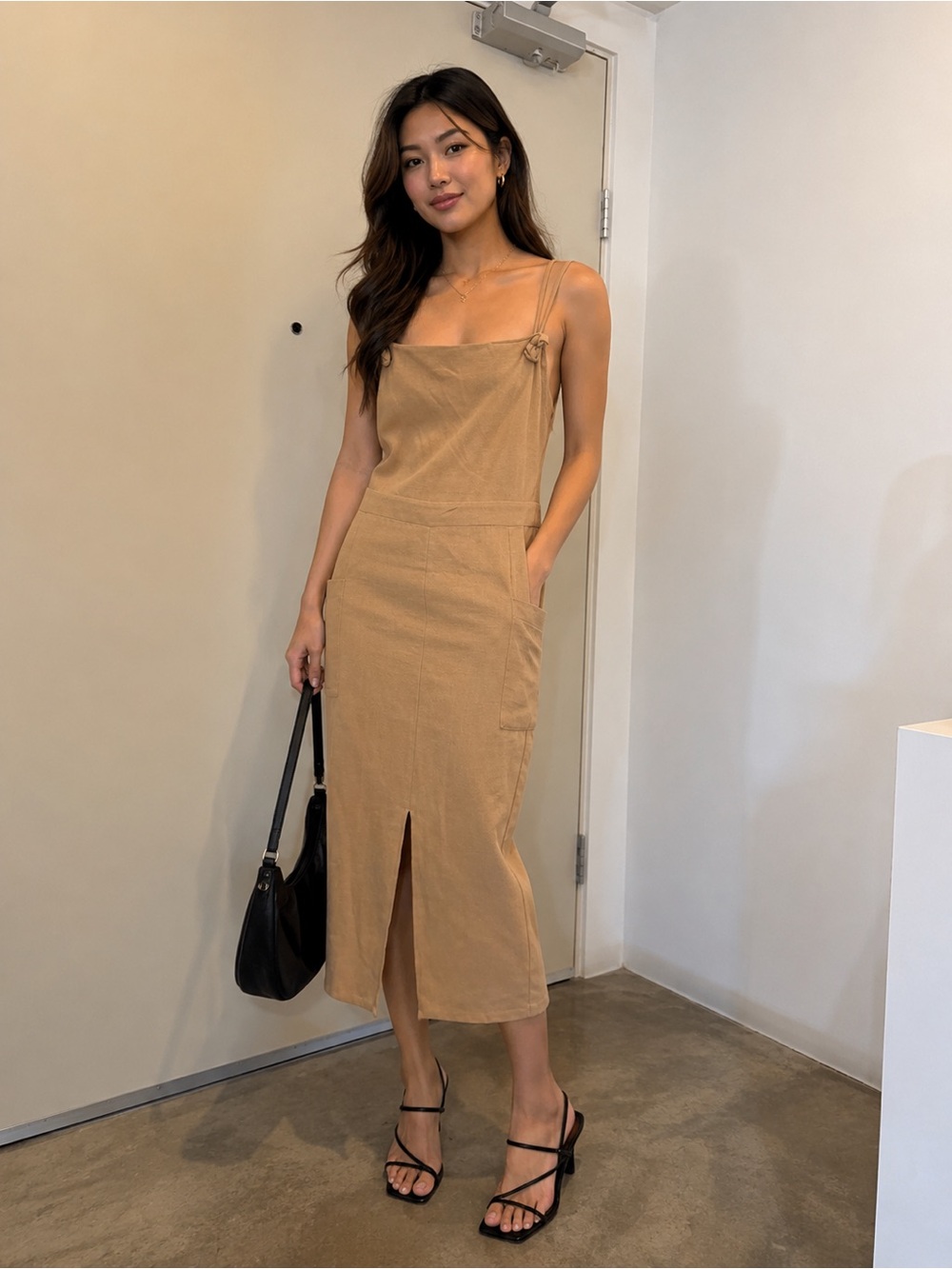 Sleeveless Tan Midi Dress with Front Slit
